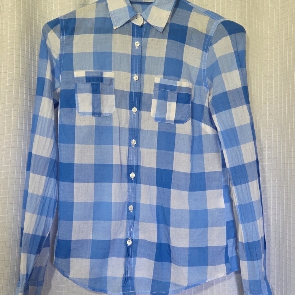 Aeropostale Button Up Plaid Shirt Top Womens Medium Blue Y2K 100% Cotton